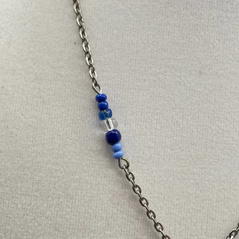 Vintage Womens Blue Glass Pendant & Crystal Bead Chain Fashion Necklace‎